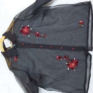 Black Silk Sheer Longsleeve Top / Red Floral Accents Button Up Whimsigoth Sz.2X